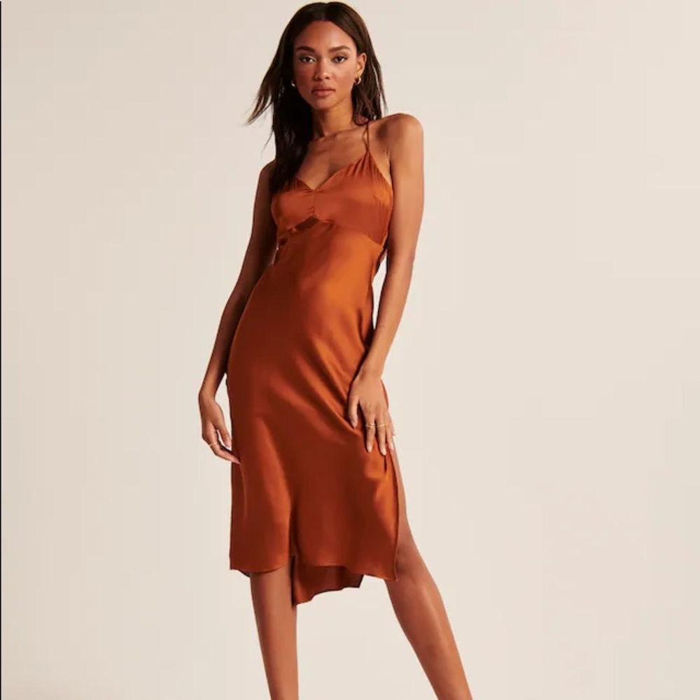 NWT Abercrombie Orange Satin Cross-Back Midi Dress